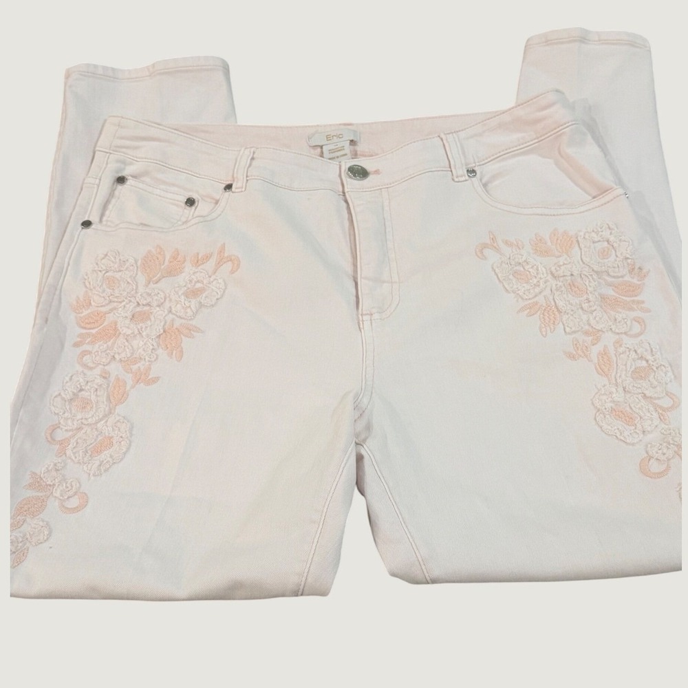 Eric Womens Pale Pink Floral Embroidered Skinny Jeans Size 14 Stretch Denim
